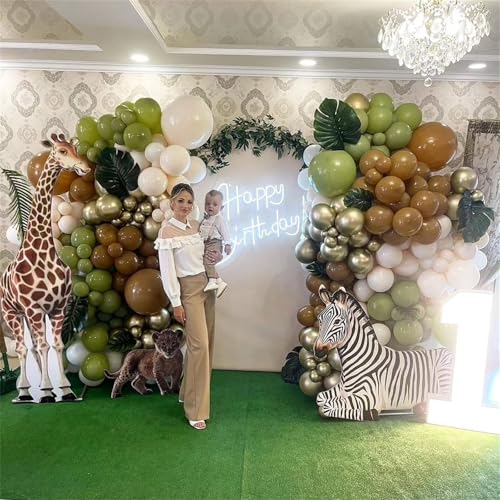 Image of Jungle Safari Balloon Arch Garland Kit, Olive Sage Green Brown Beige with Animal Print Wild One Ballons, Giraffe Leopard Balloon for 1st Birthday Baby Shower Woodland Jungle Safari Party Decorations