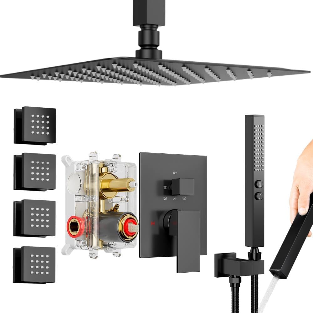 Shower Faucets Sets Shower System with Body Jets, Bostingner 10" Rain Shower Head with 2 In 1 Handheld Spray and 4 Jets, Ceiling Mount All Metal 3 Way Shower Set with Valve and Trim Kit, Matte Black