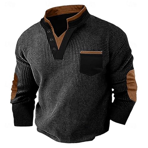 Men's Casual Corduroy Sweatshirt Long Sleeve Thermal Waffle Sweatshirts Fall Winter Stand Collar V-Neck Polo Sweaters