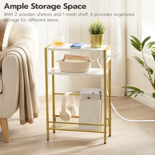 Image of HOOBRO Small Narrow Side Table with Charging Station, Skinny End Table for Small Spaces, Slim Nightstand with USB Ports Outlet, Sofa Beside Table with Storage Shelf, White and Gold DW102UBZ01
