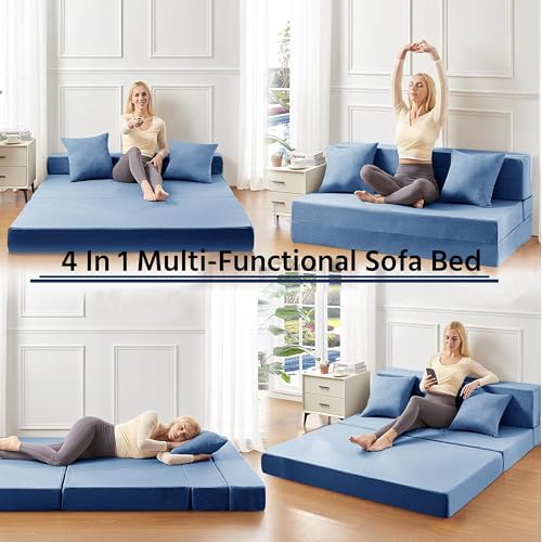 Image of Urban Decor Foldable Sofa Bed 6' X 6' Feet with Cushions | Perfect for Guest Jute Fabric Four Seater Sofa Cum Bed for Home & Office Space-Saving - SCB-4-Blue