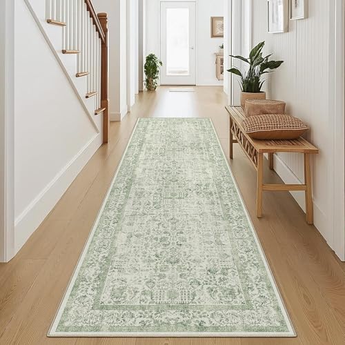 Runner Rug 2x8 Sage Green Hallway Washable Vintage Distressed Kitchen Carpet Non Slip Neutral Low Pile Retro Floral Farmhouse Long Throw Rug Entryway Bathroom Office Laundry Dining Room