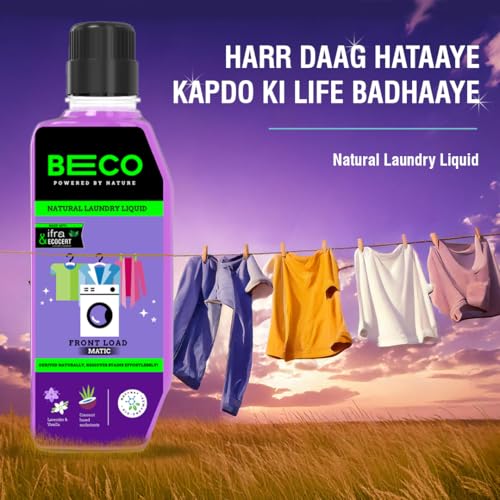 Image of Beco Natural Liquid Detergent Front Load - 2L Refill Pack | Tough Stain Removal | Lavender & Vanilla Freshness | Retains Brightness & Shine | Chemical Free | Front Load Washing Machine Liquid