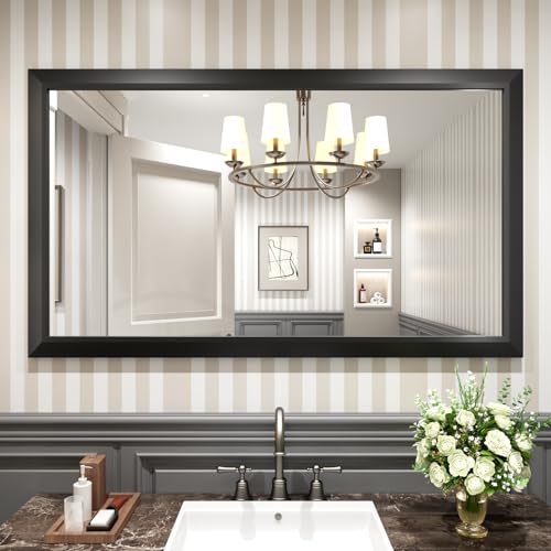 Amorho Black Bathroom Mirror, 55x32 Inch Thick Metal Framed Wall Mirrors for Over 2 Sinks, Bedroom, Living Room, Entryway, Large Rectangle Wall-Mounted Mirrors.