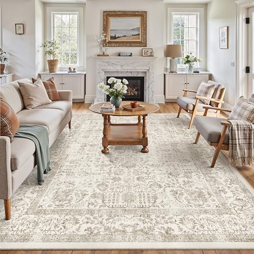 Light Brown Area Rug 8x10 Machine Washable Large Vintage Living Room Distressed Non Slip Carpet Traditional Indoor Bedroom Retro Floral Accent Throw Rug for Office Kitchen Dining Room