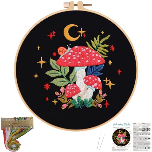 Image of Nuberlic Mushroom Embroidery Kits for Beginner Adults Cross Stitch Kit with Stamped Pattern Include Cloth Hoops Threads Needles