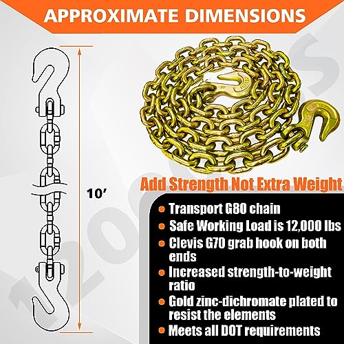 YATOINTO G80 Transport Binder Chain 1/2 Inch x 10 Foot Safety/Binder Chain with Clevis Grab Hooks 12,000 lbs Safe Working Load Logging Chain for Transporting Towing Tie Down Binding Equipment
