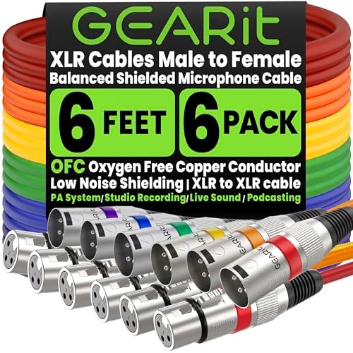 GEARit XLR Microphone Cable 6FT 6-Pack, 22AWG OFC, Male to Female, Shielded
