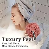 myHomeBody Duża gąbka luffa 70 g, myjka do ciała, gąbka do kąpieli, luffa dla kobiet, mężczyzn, gąbka złuszczająca pufa prysznicowa z węglem aktywnym - 2 brzoskwinie + 1 koralowy czerwony, 3 szt