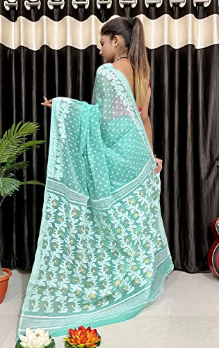 Sari algodón indio Dhakai Jamdani ligero menta para mujer musulmana 3