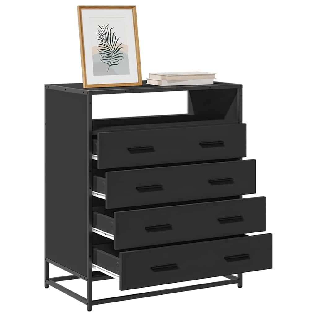 Schubladenschrank Schwarz Holzwerkstoff mit Metallgestell 70x41x83,5 cm, 4 Schubladen Stauraum für Schlafzimmer Wohnzimmer Flur, stabile Ablage für Ordnung und Aufbewahrung