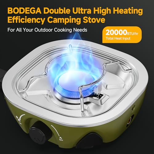BODEGA 2 Burner Camping Stove, 20000 BTU Folding Propane Camp Stove with Adjustable Burners,Portable Dual Gas Stoves with Carry Handle&Bag Frying Pan for Camping,BBQ,RV,Home,Camping Essentials Gear - Image 4
