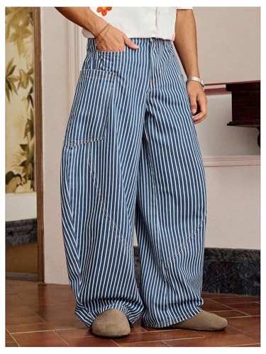 Verdusa Men's Striped Baggy Jeans Wide Leg Dress Pants Work Trousers with Pockets3