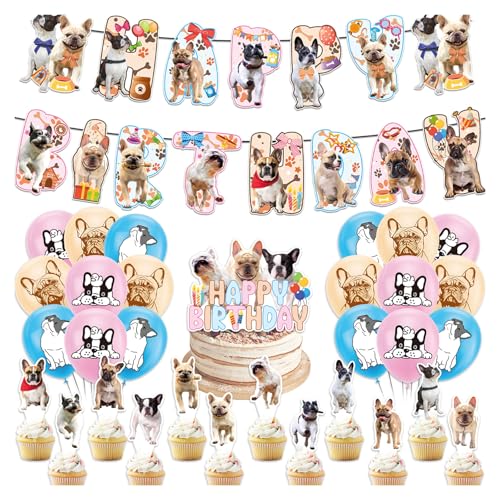Bulldog francese festa di compleanno consegne Bulldog francese decorazioni per feste include congratulazioni striscione di compleanno torta topper cupcake toppers palloncini nastro