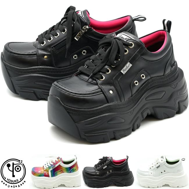 Yosuke 4460069 Women's Thick Sole Sneakers, Lace-up, Platform, Dad Sneakers, S, M, L, LL, Black, White, Heel Height 3.5 inches (9 cm), black combination, S2