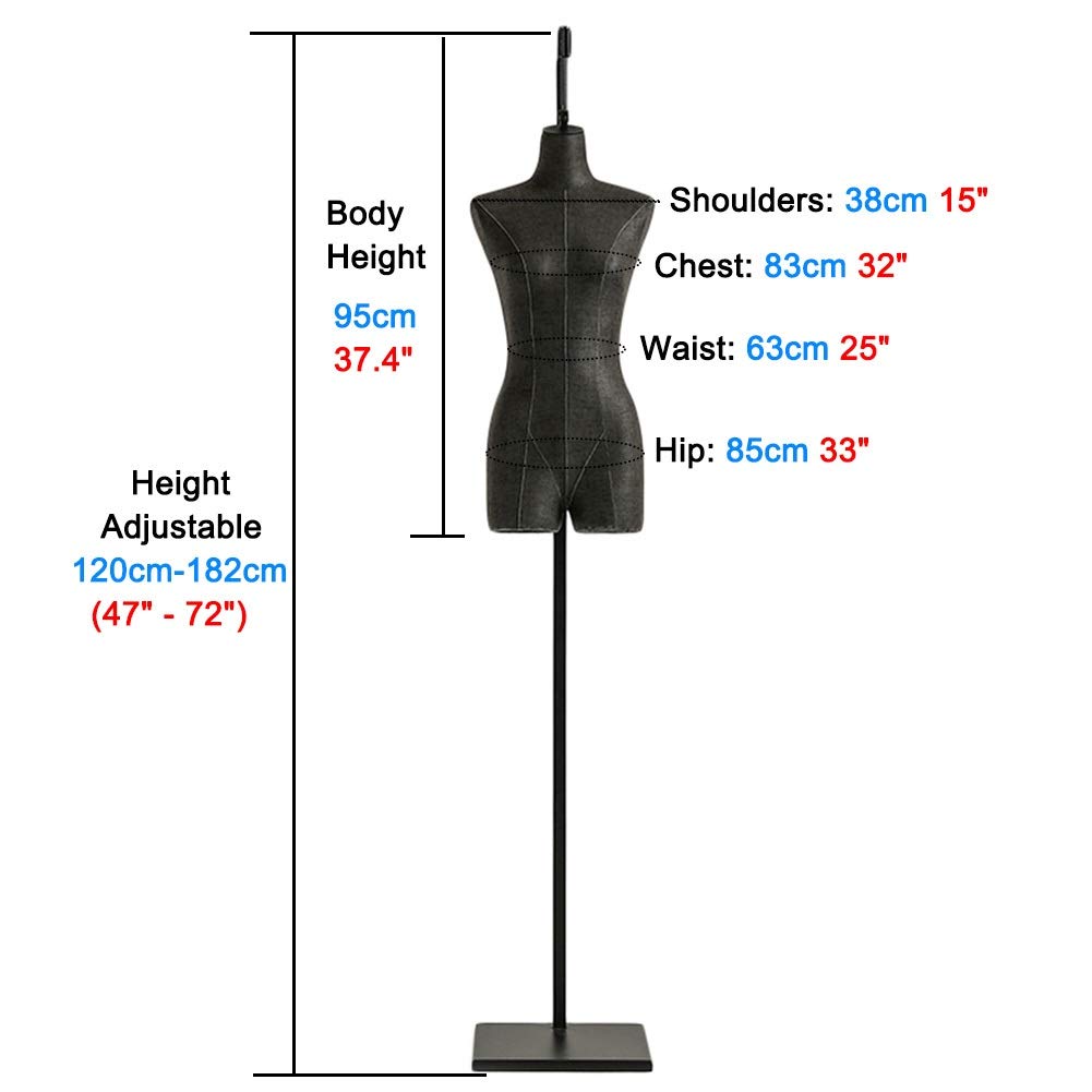 sdneNest Manichini femminili a metà corpo con supporto, per appendere vestiti da donna e pantaloni, formato vestito regolabile in altezza, facile da montare, bellissimo scenario, nero, con braccia