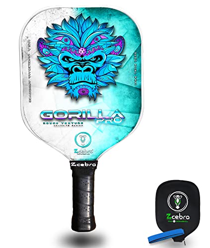 ZCEBRA Pala de Pickleball Grafito - Raqueta Fibra de Carbono núcleo 16 mm de Panel de Abeja Polipropileno Textura Frosted Rugosa - Set Funda Neopreno Grip Extra - Gorilla Pro Blue Cover