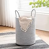 60L Woven Cotton Rope Hamper, Collapsible Laundry Basket with Handles, Tall Blanket Storage Bin for...