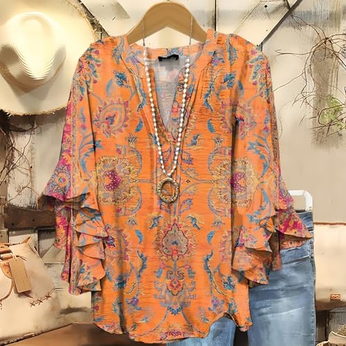 Womens 3/4 Sleeve Shirts Vintage Boho Floral Print Tops Ladies Loose Fit Lightweight V Neck Button Down Blouses2