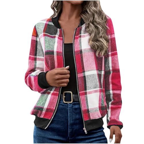 Womens Plaid Bomber Jacket Lightweight Zip Up Shackets Cropped Jackets Casual Outerwear Checkered Coats Fall Outfits