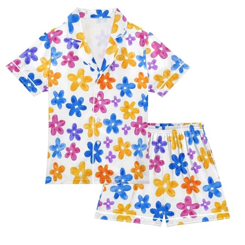 Flower Color Cute Simple Pattern Summer Satin Pajama Set, Cute Button-Down Sleepwear Pj Set for Sleep Wears
