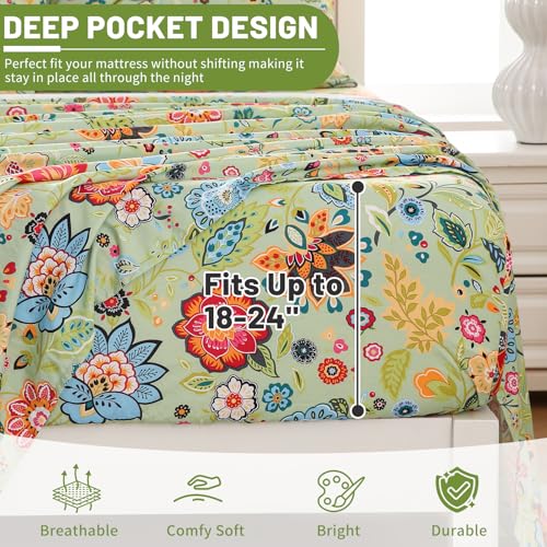 Image of Bedlifes Floral Pattern Bed Sheet Set King Size, 18-24 inch Extra Deep Pocket | Ultra Soft Microfiber, Breathable & Silky, OEKO-TEX Certified, Easy-Care Machine Washable, 4PCS, All-Season Spring Bedding