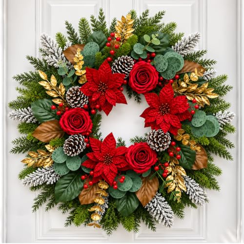 28 Inch Christmas Wreath for Front Door, Red Poinsettia Rose