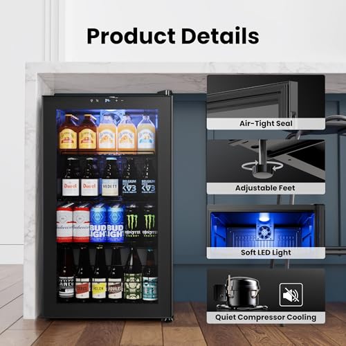 Image of Yeego Beverage Refrigerator, 130 Can Mini Fridge with Glass Door, Adjustable Shelves, Digital Temperature Control 34F-54F, Drink Cooler for Soda, Beer and Wine, Freestanding or Under Counter, Black