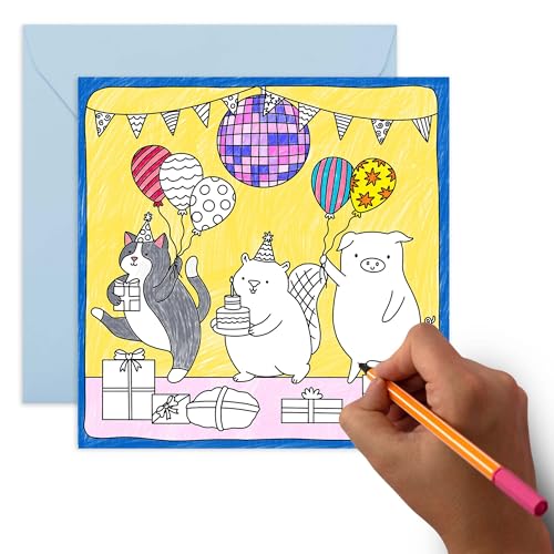 Cartão de aniversário para colorir DIY - Design divertido de festa discoteca de animais - presentes