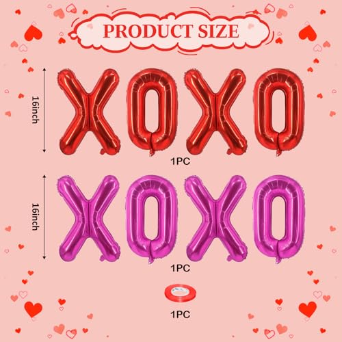 Image of Red Pink XOXO Balloons 8 Pcs Valentines Day Balloons PinK Red XOXO Foil Balloon Letters for Girls Women Anniversary Sweet Valentine Day Romantic Decorations Special Night Party Bridal Shower