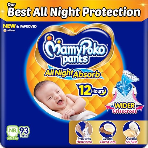 Image of Mamypoko pants All night absorb| Pant Style Baby Diapers New Born /X-Small, 93 Count, Ideal for upto 5Kgs|1 Diaper= Upto All night Absorption|Wider Crisscross Sheet|12hr Leakage Protection