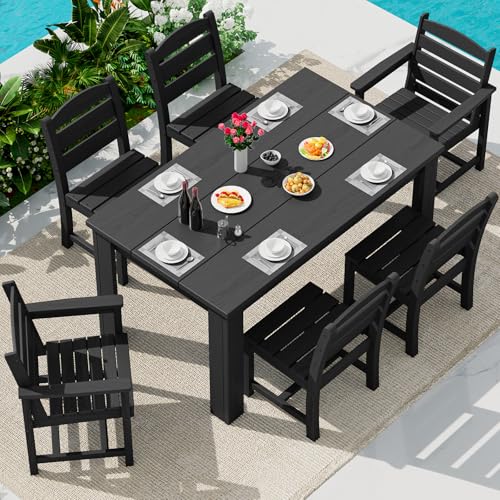 Image of SERWALL 59 inch HDPE Outdoor Dining Set for 6, w / 1 Table & 6 Chairs, Black | Armless Patio Dining Sets for All Weather Use