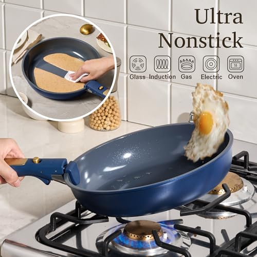 Image of CAROTE Blue&Gold Ceramic Cookware Set Non Toxic, PFAS Free, 15Pcs Pots and Pans Set Non Stick Detachable /Removable Handle, Kitchen Cooking Set Dishwasher Safe, Nonstick Pot and Pan, Induction Cookware