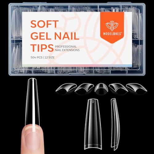 Image of modelones XXL Long Coffin French Nail Tips, 504 PCS No C Curve Half Cover Clear Acrylic Fake Nails Tips Gel Pre-shaped 12 Sizes with Box