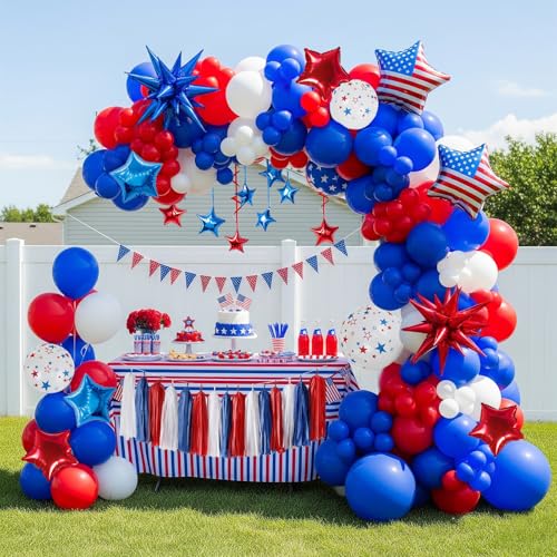 Image of Patriotic balloons Red White and Blue balloon garland arch kit with star print and flag star mylar balloon Tissue Paper Tassels Banner for 4th of july independent day Veteran Day party decorations