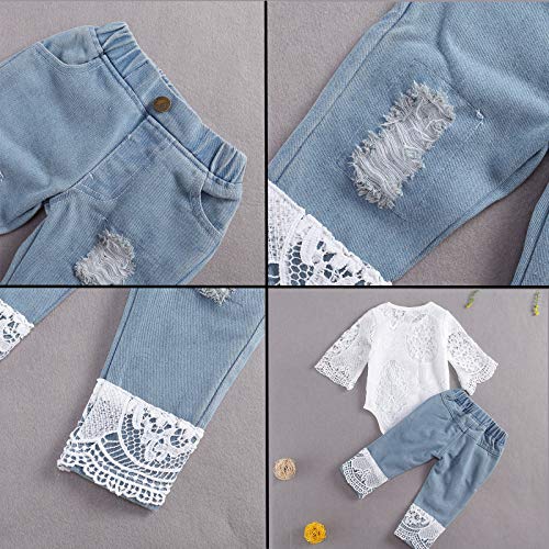 I3CKIZCE 2 stuks babymeisjesoutfitset met lange mouwen wit kant fee rompers top + lange mouwen elastische denim jeans… - Image 4