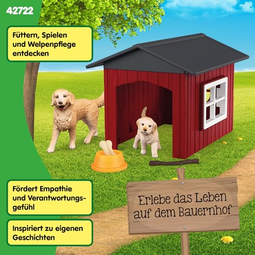schleich Farm World | Hundehütte mit Golden Retriever Hündin und Welpen 42722 | Set inkl. Hütte, 2 Hunde & Zubehör | Geschenk für Jungen und Mädchen | Bauernhof Spielzeug ab 3 Jahren | 9 Teile
