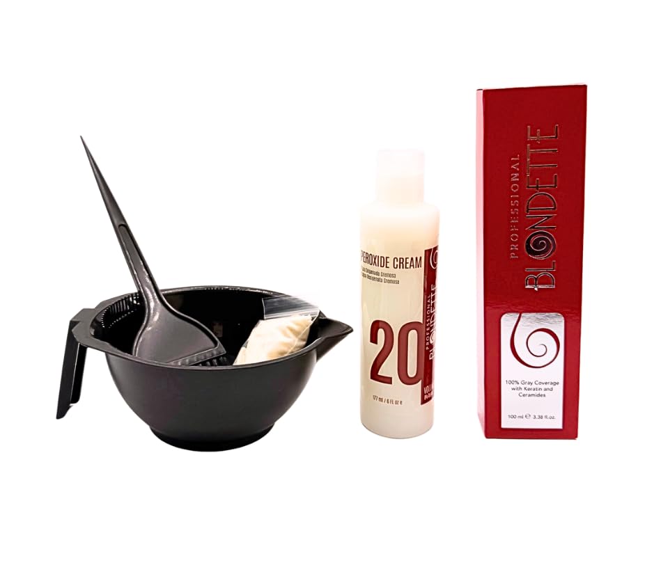 Blondette Professional Permanent Hair Color Kit,100 ml/3.38 Fl Oz,100% Gray Coverage,Made in Italy Cream Haircolor Dye,Peroxide,Gloves, Bowl and Brush