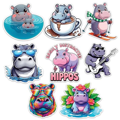 Image of Hippo Sticker 8 Pcs (Large Size) Vinyl Stickers Laptop Waterproof Decal for Car Bumper Water Bottle Notebook Window Funny Party Birthday Decorations - Size 4 Inches