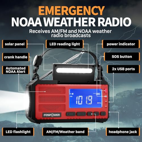 Image of FosPower NOAA Emergency Weather Radio D8 37000mWh Portable Power Bank, AM /FM, USB /Solar /Hand Crank Charging, SOS Alarm & Flashlight for Indoor /Outdoor Emergency - Red