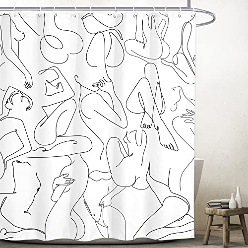 Yookeb Abstract Minimalist Bathroom Shower Curtain 60W By 71H Inch Naked Nude Black White Modern Simple Line Art Aesthetic Contemporary Women Polyester Fabric 12 Plastic Hooks Waterproof Decor #TOP1