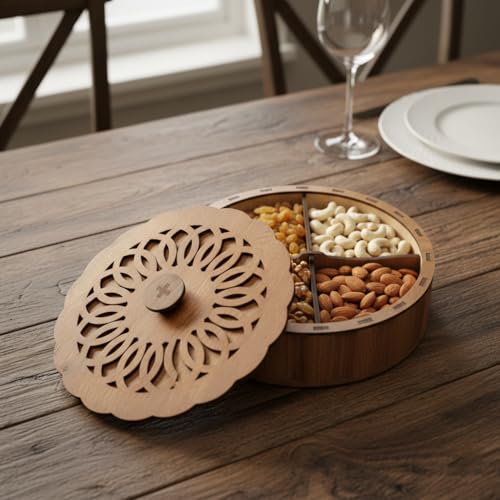 Image of Decorative Round ryFruits Storagebox /Wooden DryFruitbox /Sweetsbox /Wooden Dry Fruitbox /Giftbox /Mukhwashbox, Sopari Storagebox