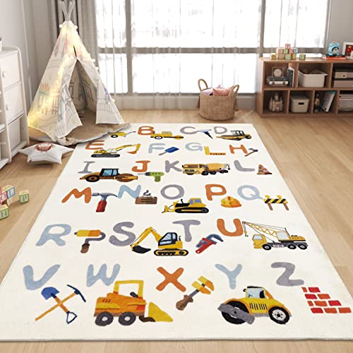 Abeigoi Kids ABC Rug - 4x6Ft Large Construction Vehicle Play Mat Pad for Boys Bedroom Nursery, Easy Washable