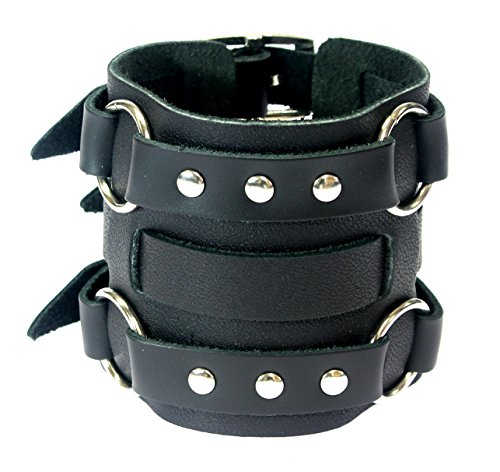 Wide Triple Strap Leather Cuff Wrap Gothic Wristband Bracelet With Buckle Fastening - BLACK LEATHER