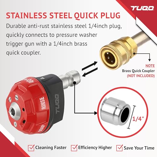 Image of TUQO 6-in-1 Pressure Washer Nozzle | Metal Body with 1 /4 inch Quick Connector | 6 Spray Patterns for Versatile Cleaning | 3000 PSI | Easy Rotation for Quick Change | High-Pressure Washer Accessory DS358