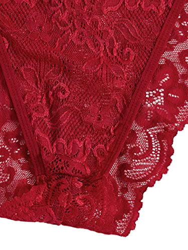 SweatyRocks Women's Sexy Floral Lace Scalloped Trim Self Tie Panty Mesh Lingerie Set Red Medium - Image 4