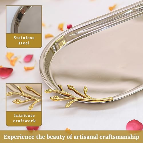 Image of BEHOMA Golden Twig Oval Serving Platter, 13 inch | Oval stainless steel platter with brass leaf handle, 13 inch; elegant serveware for Navratri & Durga Puja.