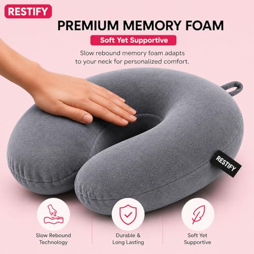 Image of Restify Premium Memory Foam Travel Neck Pillow | Soft Velvet U Shape Neck Support Cushion for Flight, Airplane, Car & Office Travel | Portable Pillow for Men & Women | Grey