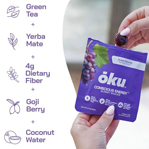 Image of ōku Energy Chews - Energy Gummies w /Natural Caffeine from Green Tea | Yerba Mate, Coconut Water for Hydration, 4g Vegan Fiber Gummy, Non-GMO | Running, Cycling, On-the-Go Snacks, Grape (12-Pack)