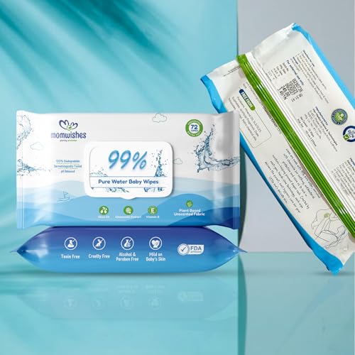 Image of Pure Water Baby Wipes Pack of 6 | 99% Pure Water | with Chamomile Extract, Olive Oil & Vitamin E | Plant-Based, Biodegradable & Unscented | Safe for Newborns